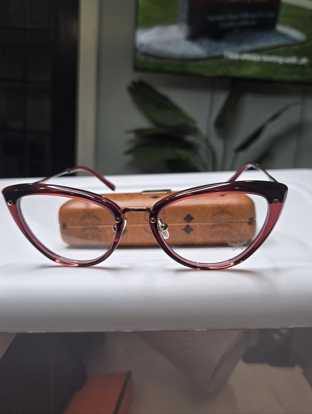 MCM Burgundy Cat-Eye Glasses with Gold Accents